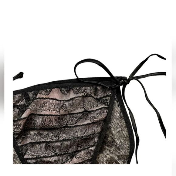 NWT VICTORIA'S SECRET S PINK BLACK LACE RUFFLE VINTAGE RARE TIE BIKINI PANTIES S - Picture 2 of 7